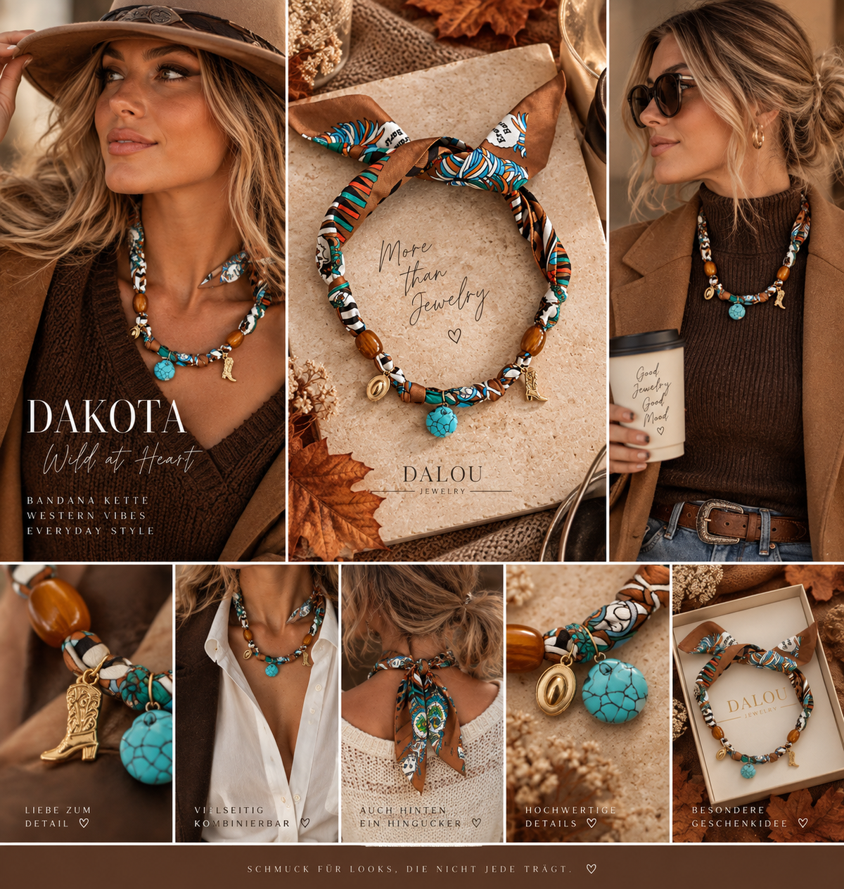 DAKOTA – Bandana Kette Braun mit Türkis | Western Boho Halstuch Schmuck