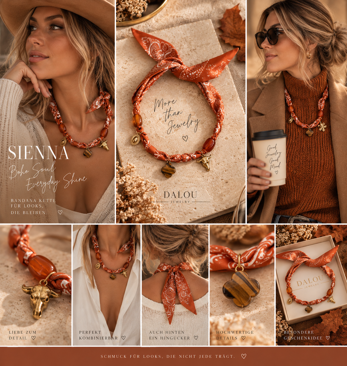 SIENNA – Bandana Kette in Orange mit Anhängern | Boho Halstuch Schmuck