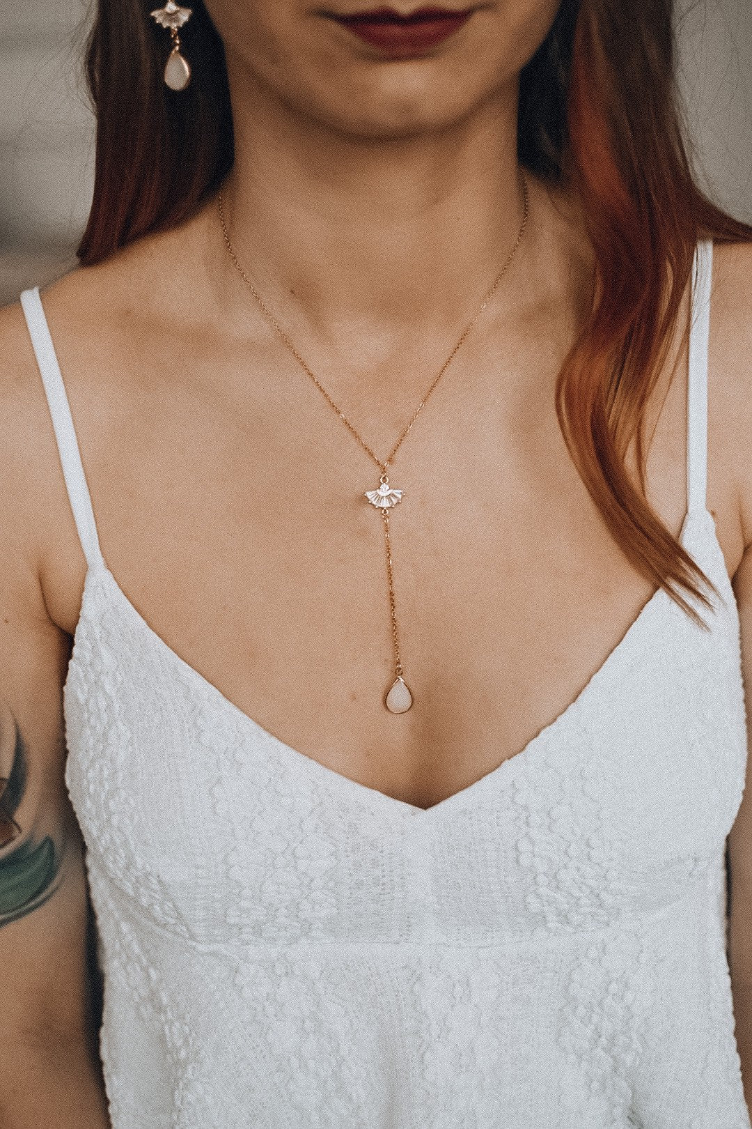 Vergoldete Y-Brautkette mit Zirkonia-Fächer & Tropfenanhänger – Edelstahl-Halskette für Hochzeit & Alltag | Auch in Roségold& Silber