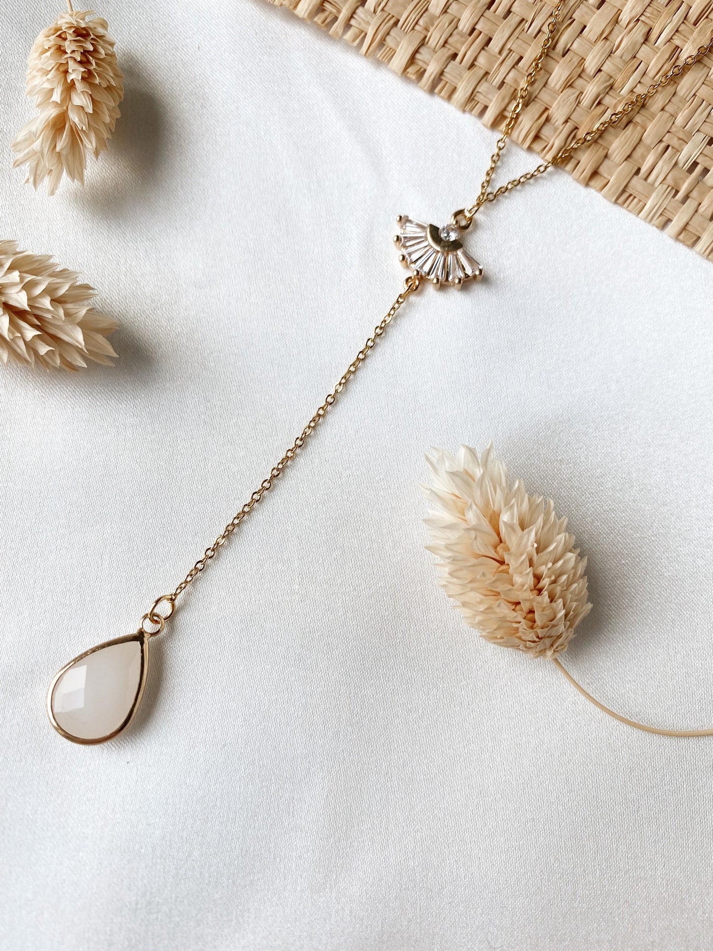 Vergoldete Y-Brautkette mit Zirkonia-Fächer & Tropfenanhänger – Edelstahl-Halskette für Hochzeit & Alltag | Auch in Roségold& Silber