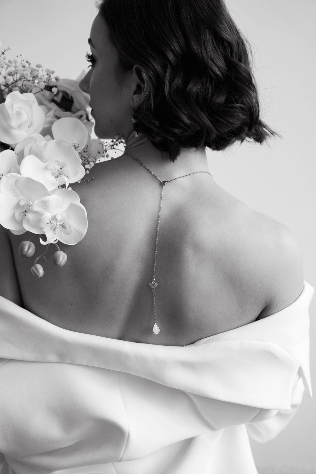 Rückenkette mit Zirkonia-Fächer & Tropfenanhänger – Rückenteil für Brautketten aus Edelstahl | Hochzeitsschmuck Gold