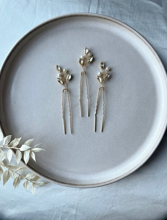 Elegantes Haarschmuck Set – vergoldete Haarnadeln mit Kristallen & Perlen (3 Stück)
