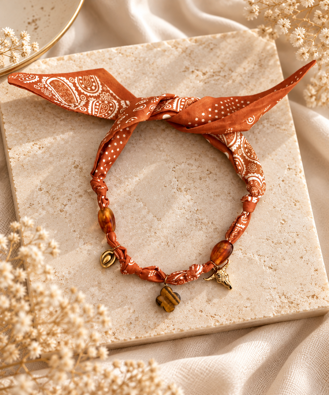 SIENNA – Bandana Kette in Orange mit Anhängern | Boho Halstuch Schmuck
