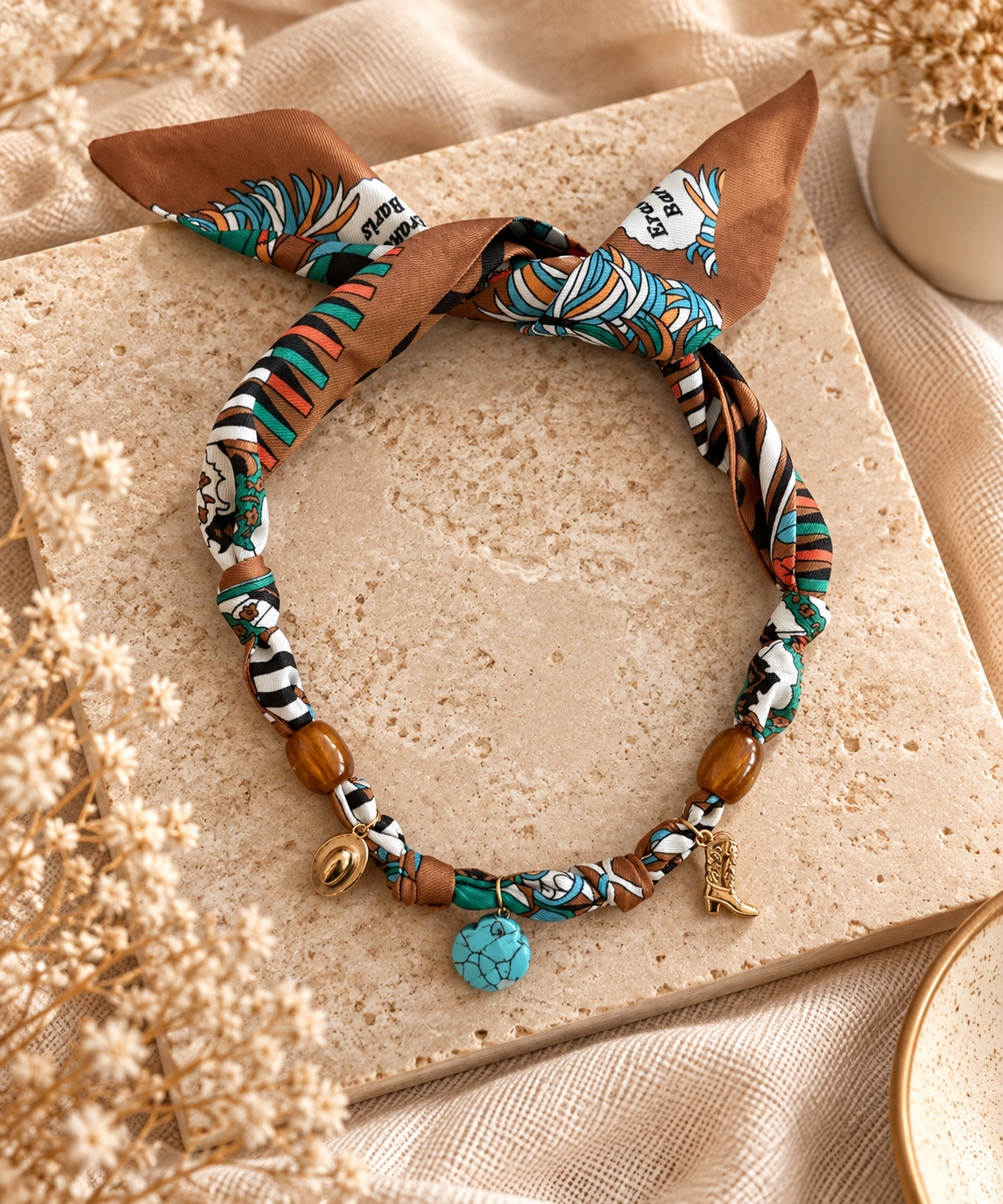 DAKOTA – Bandana Kette Braun mit Türkis | Western Boho Halstuch Schmuck
