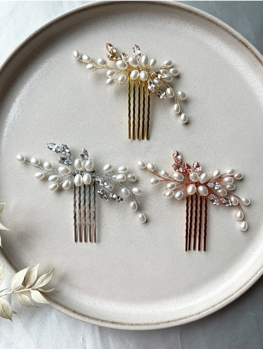 Braut Haarkamm mit Perlen & Strass – in Gold, Silber oder Roségold