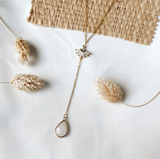 Vergoldete Y-Brautkette mit Zirkonia-Fächer & Tropfenanhänger – Edelstahl-Halskette für Hochzeit & Alltag | Auch in Roségold& Silber