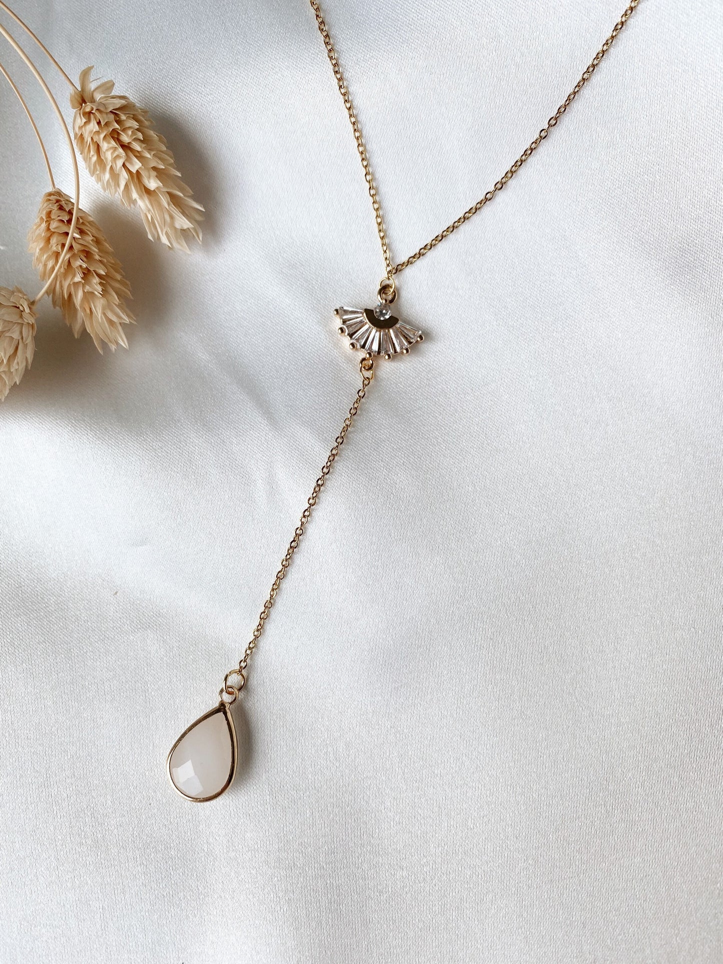 Vergoldete Y-Brautkette mit Zirkonia-Fächer & Tropfenanhänger – Edelstahl-Halskette für Hochzeit & Alltag | Auch in Roségold& Silber