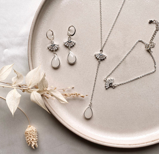 Braut Schmuckset Silber – Handgefertigtes Schmuckset mit Zirkoniafächer & Glastropfen | Edelstahl versilbert für Hochzeit & besondere Anlässe