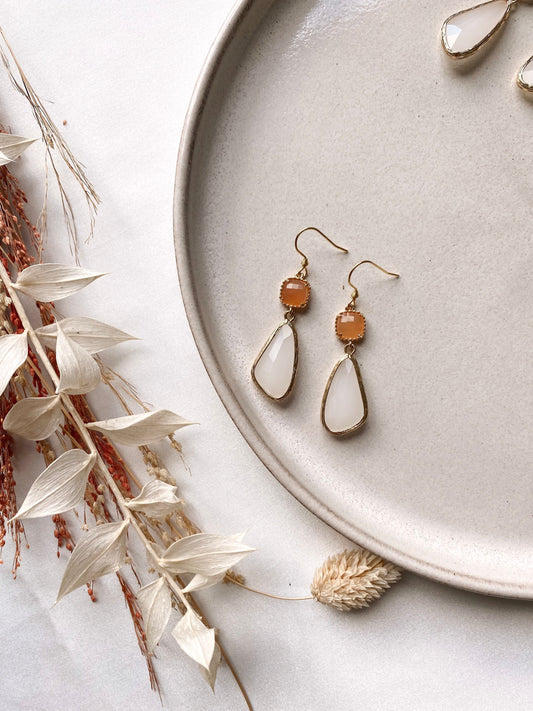 Schmuckset Gold Braut Orange – Handgefertigtes Set mit Glaselementen & Tropfenanhängern | Boho Brautschmuck aus Edelstahl