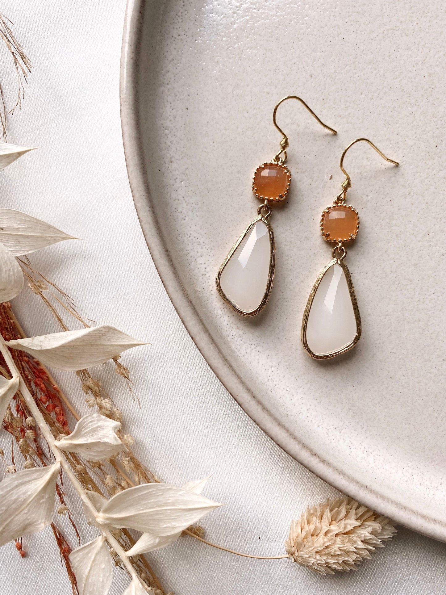 Schmuckset Gold Braut Orange – Handgefertigtes Set mit Glaselementen & Tropfenanhängern | Boho Brautschmuck aus Edelstahl