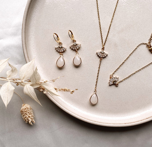 Braut Schmuckset Gold – Handgefertigtes Schmuckset mit Zirkoniafächer & Glastropfen | Edelstahl vergoldet