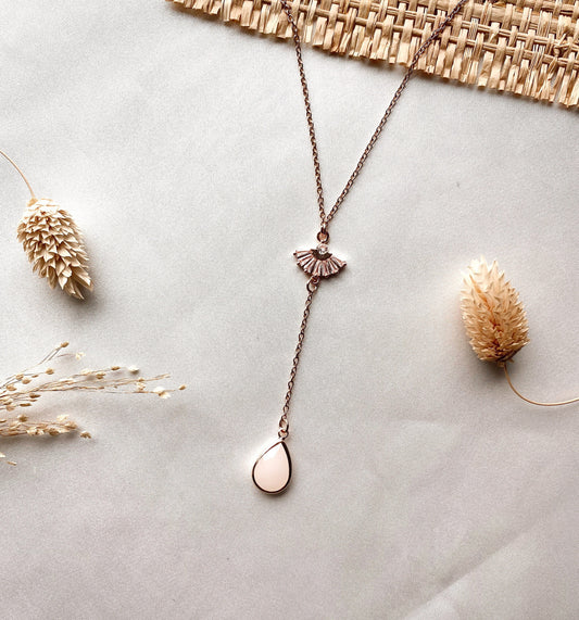 Rosévergoldete Y-Brautkette mit Zirkonia-Fächer & Tropfenanhänger – Edelstahl-Halskette für Hochzeit & Alltag | Auch in Gold & Silber