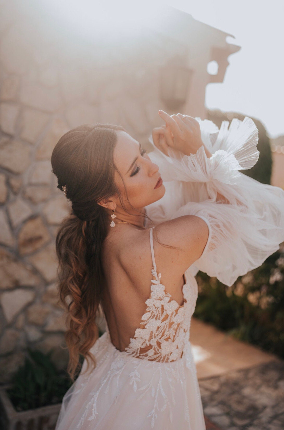 Braut Boho Ohrringe Gold – Handgefertigte Ohrringe mit Zirkoniafächer & Glastropfen | Edelstahl Creolen für Hochzeit & besondere Anlässe