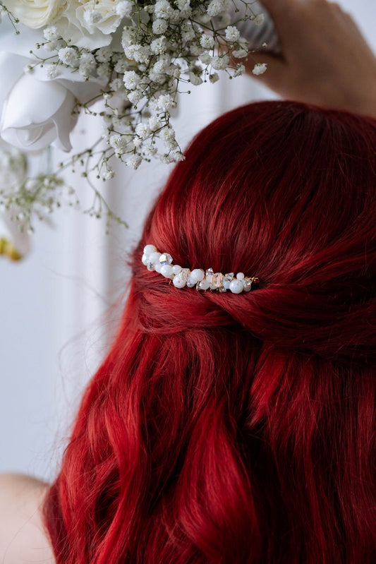 Perlenhaarkamm für die Braut – Zarter Brautschmuck mit Glas- & Kristallperlen in Gold oder Silber