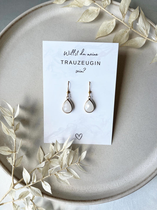 Geschenkkarte "Willst du meine Trauzeugin sein?" – Schmuckgeschenk mit filigranen Tropfenohrringen in Gold, Silber oder Roségold