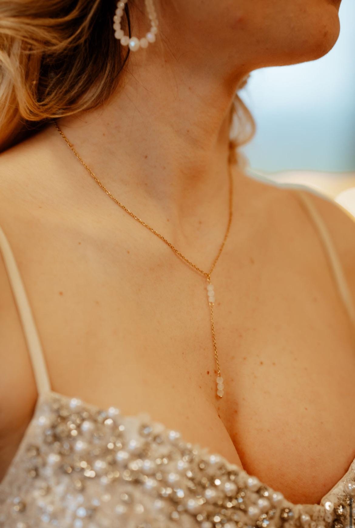 Braut Halskette Y Lariat Glasperlen – filigrane Edelstahlkette für den Hochzeitslook in Gold oder Silber