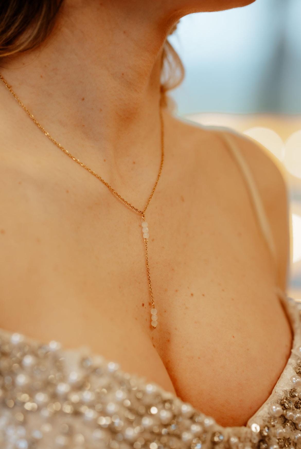 Braut Halskette Y Lariat Glasperlen – filigrane Edelstahlkette für den Hochzeitslook in Gold oder Silber